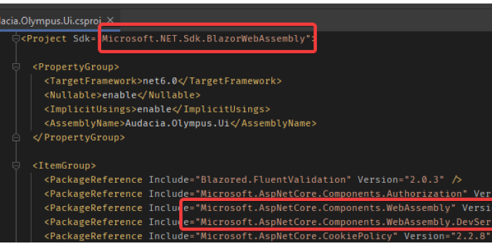 Code sample showing the .csproj being updated to to reference the WebAssembly SDKs